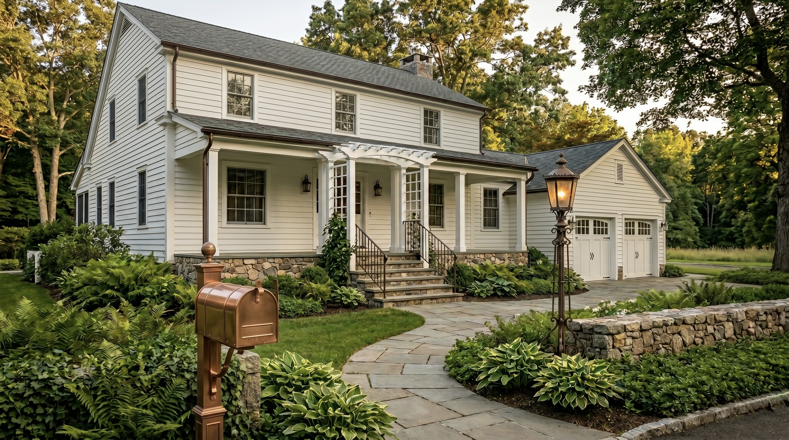 Stone walkway, steps and stone retaining wall leading to a classic Fairfield County home