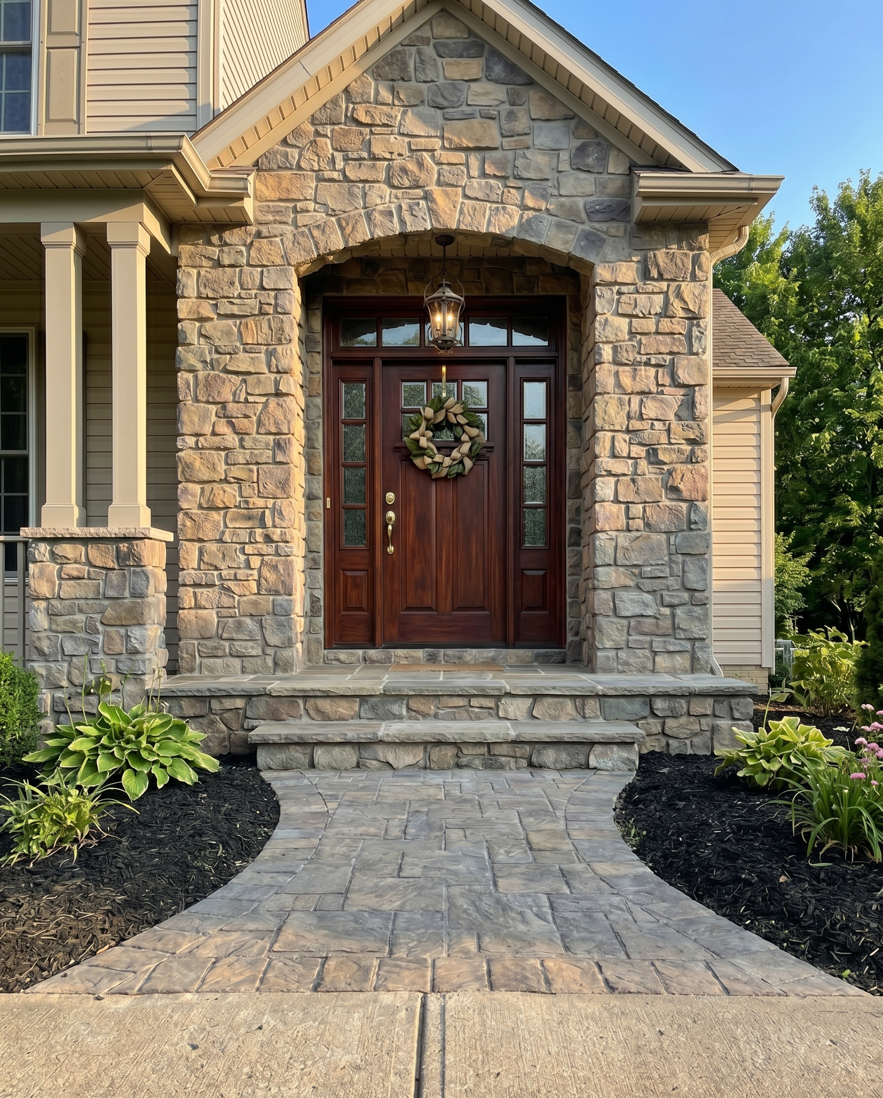 Stone paver walkway leading to a stone-clad arched entryway with bluestone steps