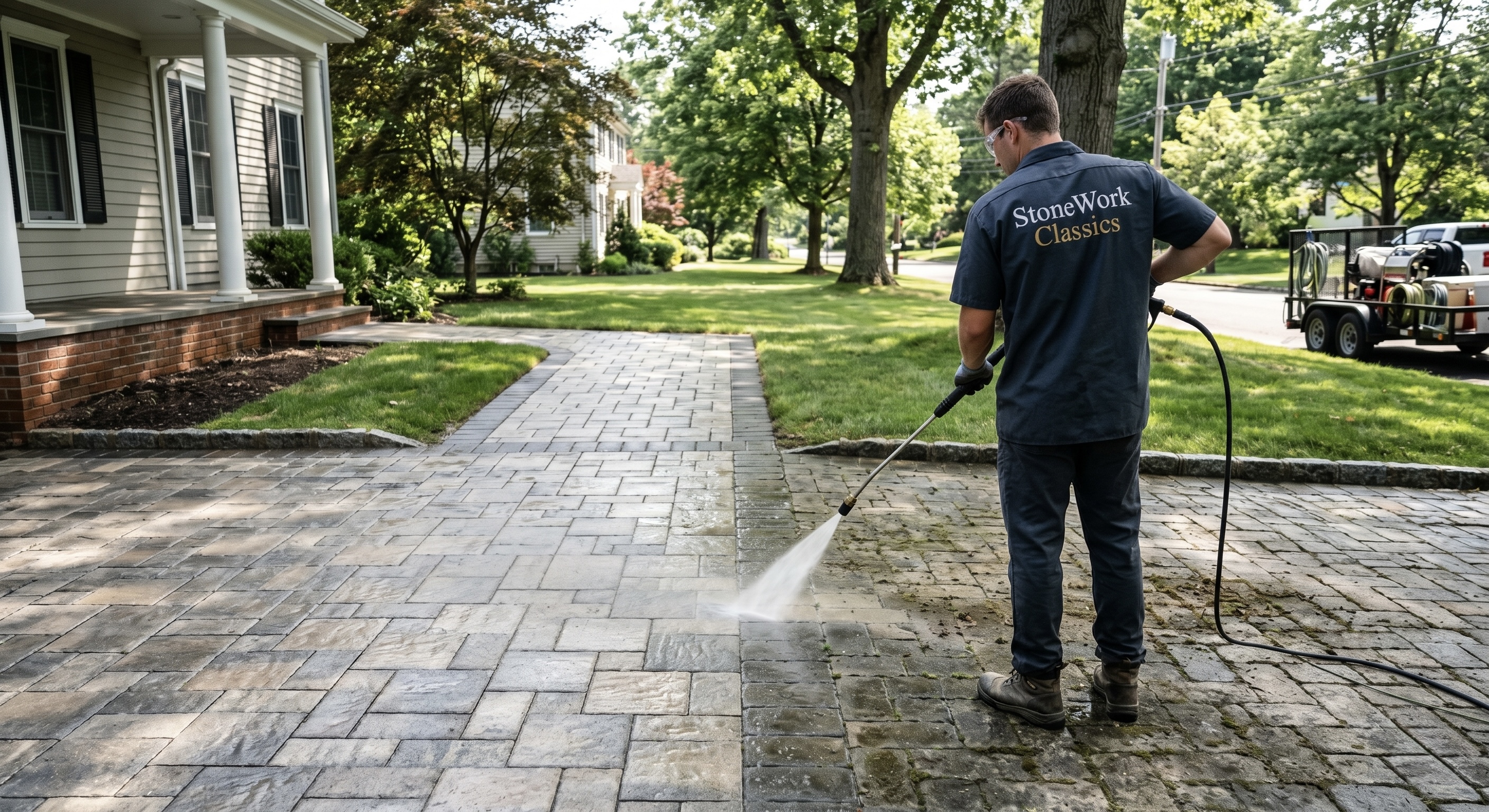 StoneWork Classics crew power washing a paver walkway clean
