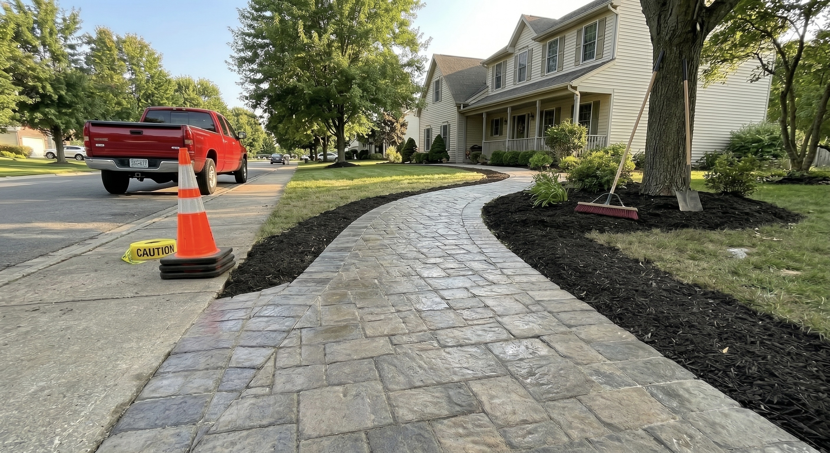 Stamped stone paver walkway curving up to a Fairfield County home, edged with fresh mulch beds